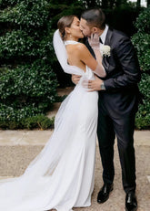 Natividad | Elegant Modest Halter Neck Satin Mermaid Wedding Dress for Outdoor Weddings - White - PromDressClub